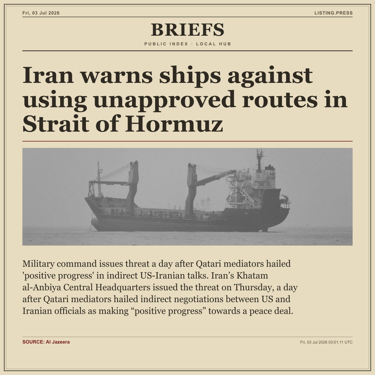 Iran warns ships against using unapproved routes in Strait of Hormuz