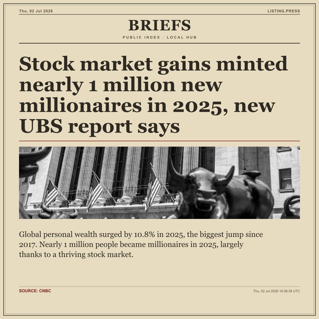 Stock market gains minted nearly 1 million new millionaires in 2025, new UBS report says