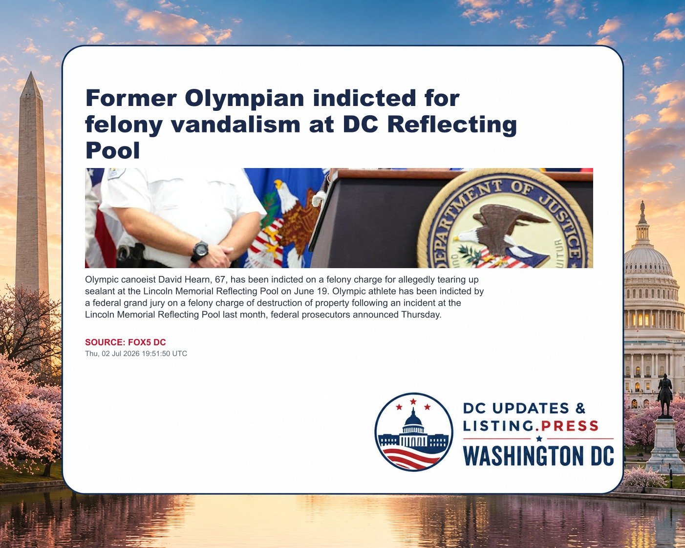 Former Olympian indicted for felony vandalism at DC Reflecting Pool