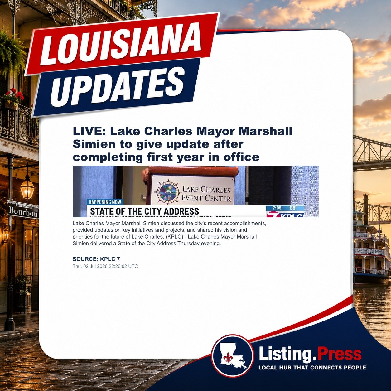 LIVE: Lake Charles Mayor Marshall Simien to give update after completing first year in office