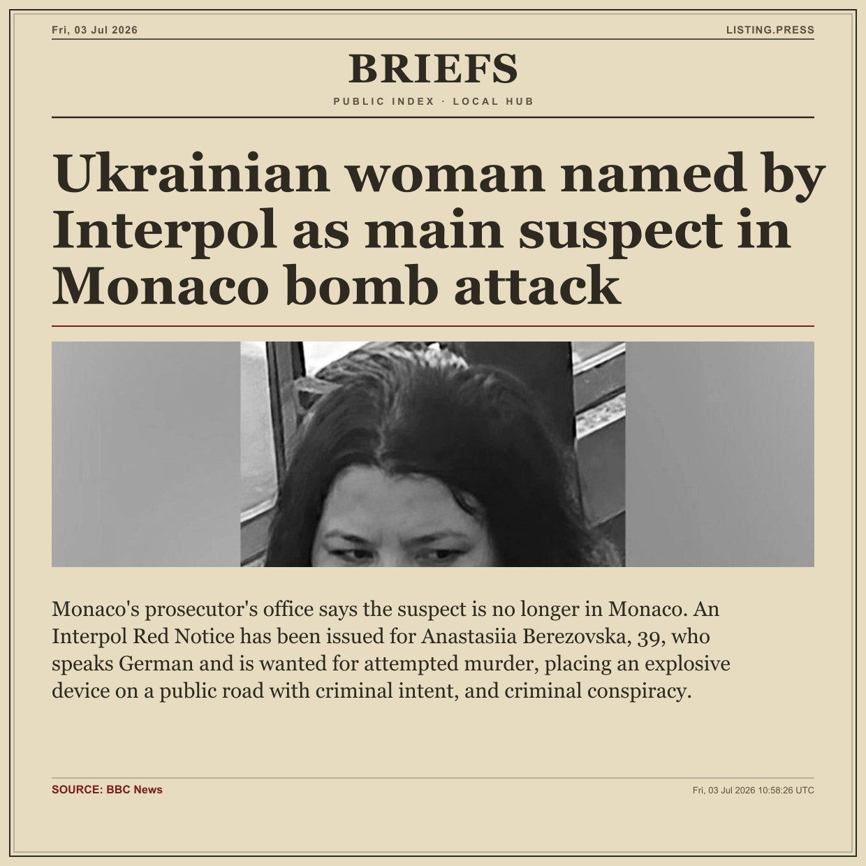 Ukrainian woman named by Interpol as main suspect in Monaco bomb attack