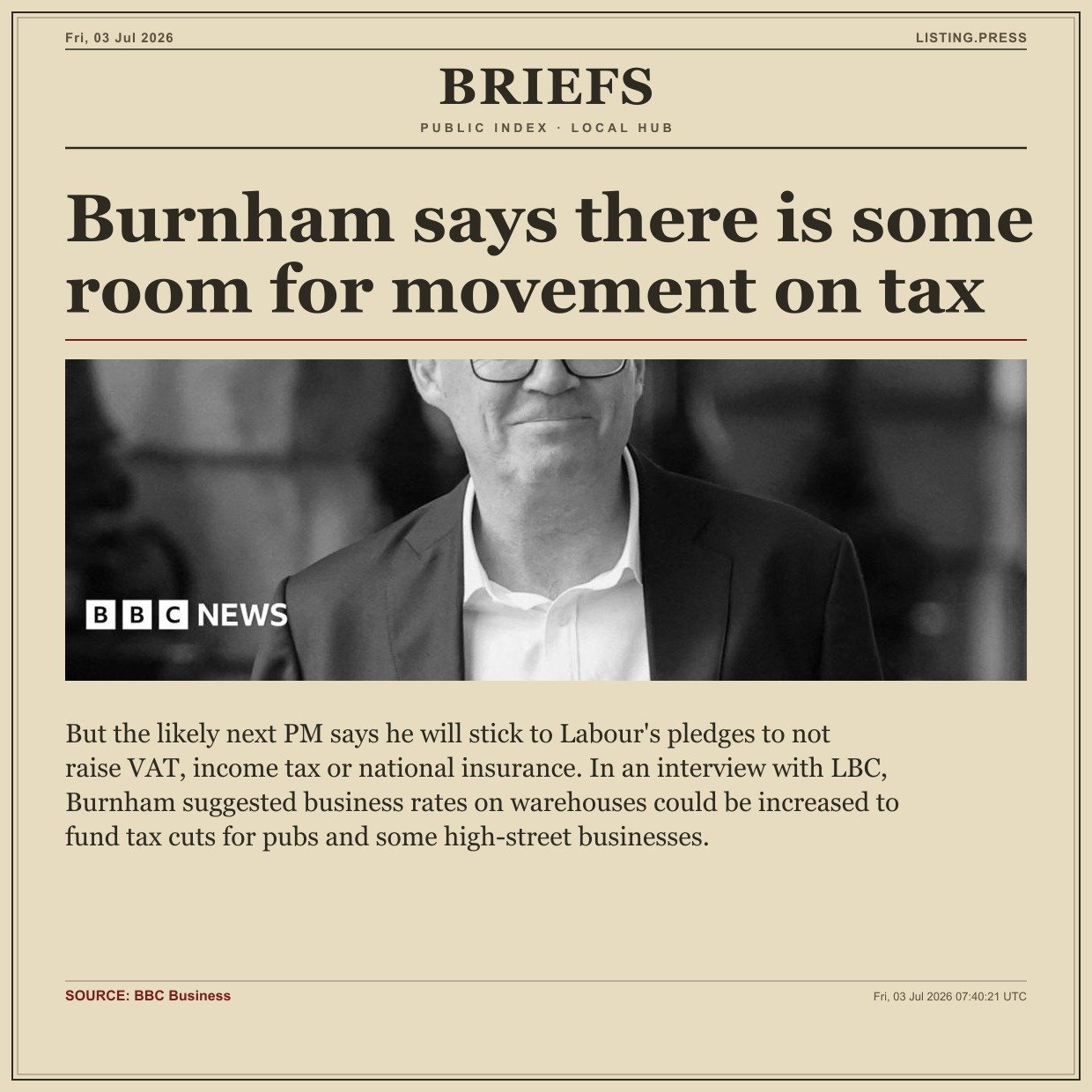 Burnham says there is some room for movement on tax