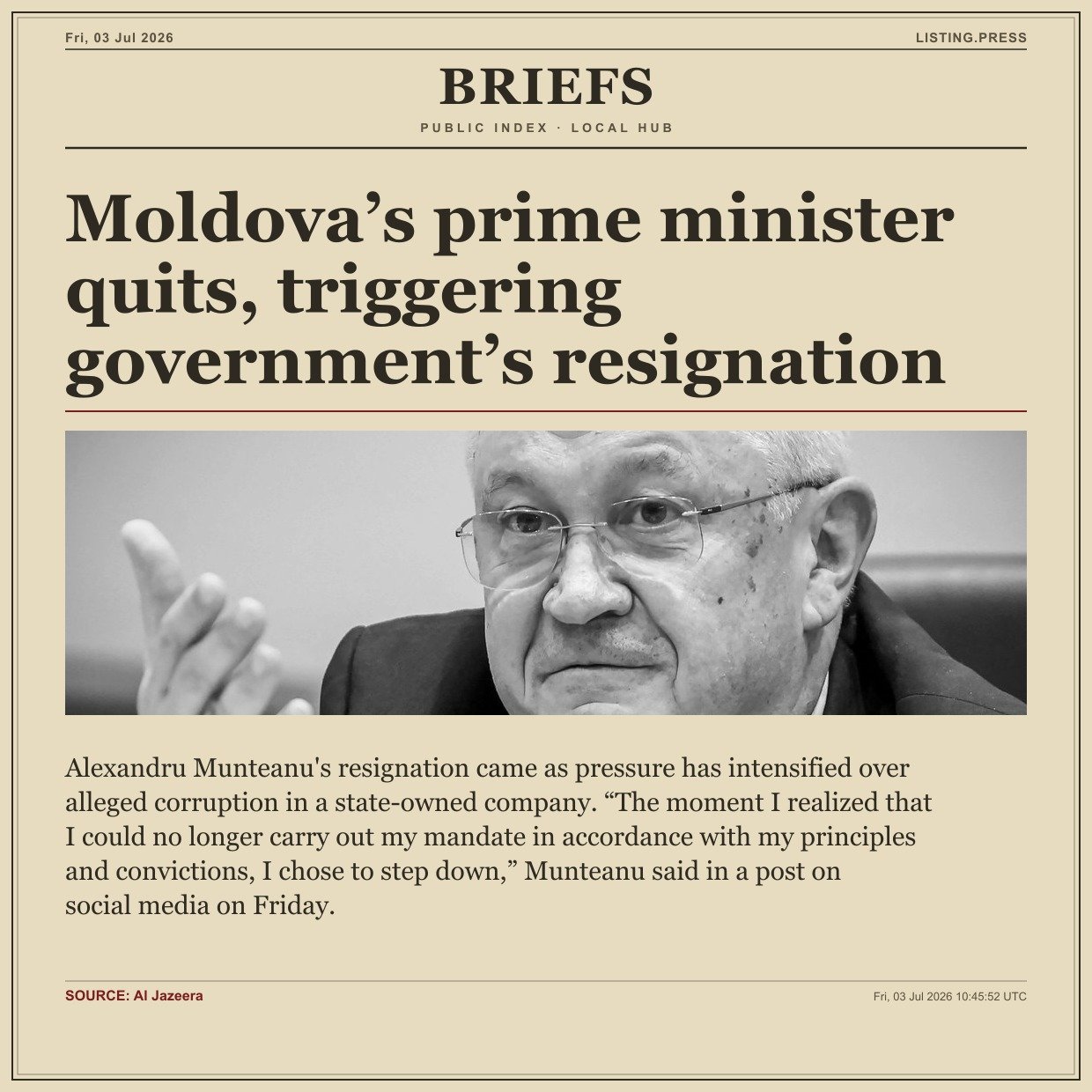 Moldova’s prime minister quits, triggering government’s resignation