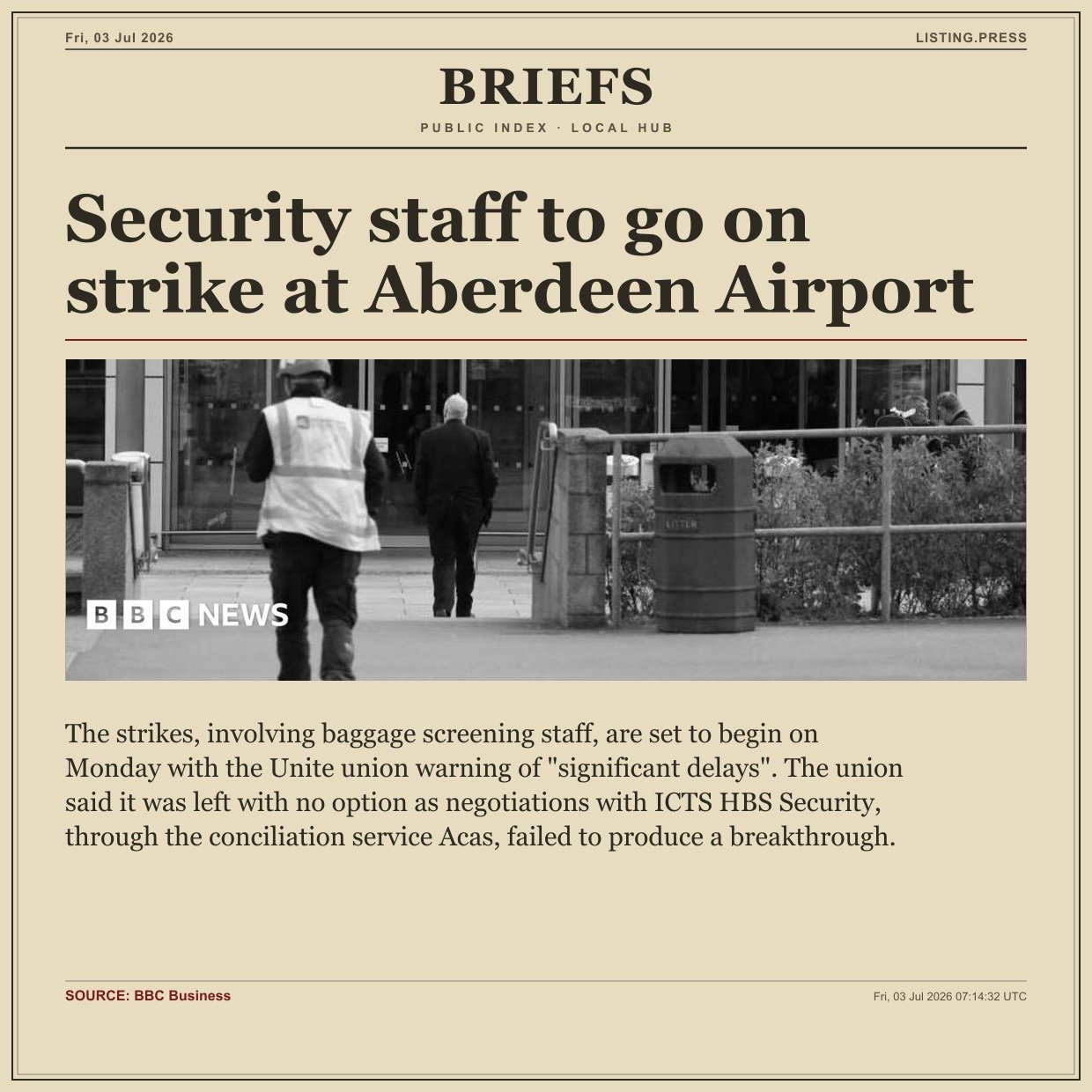 Security staff to go on strike at Aberdeen Airport