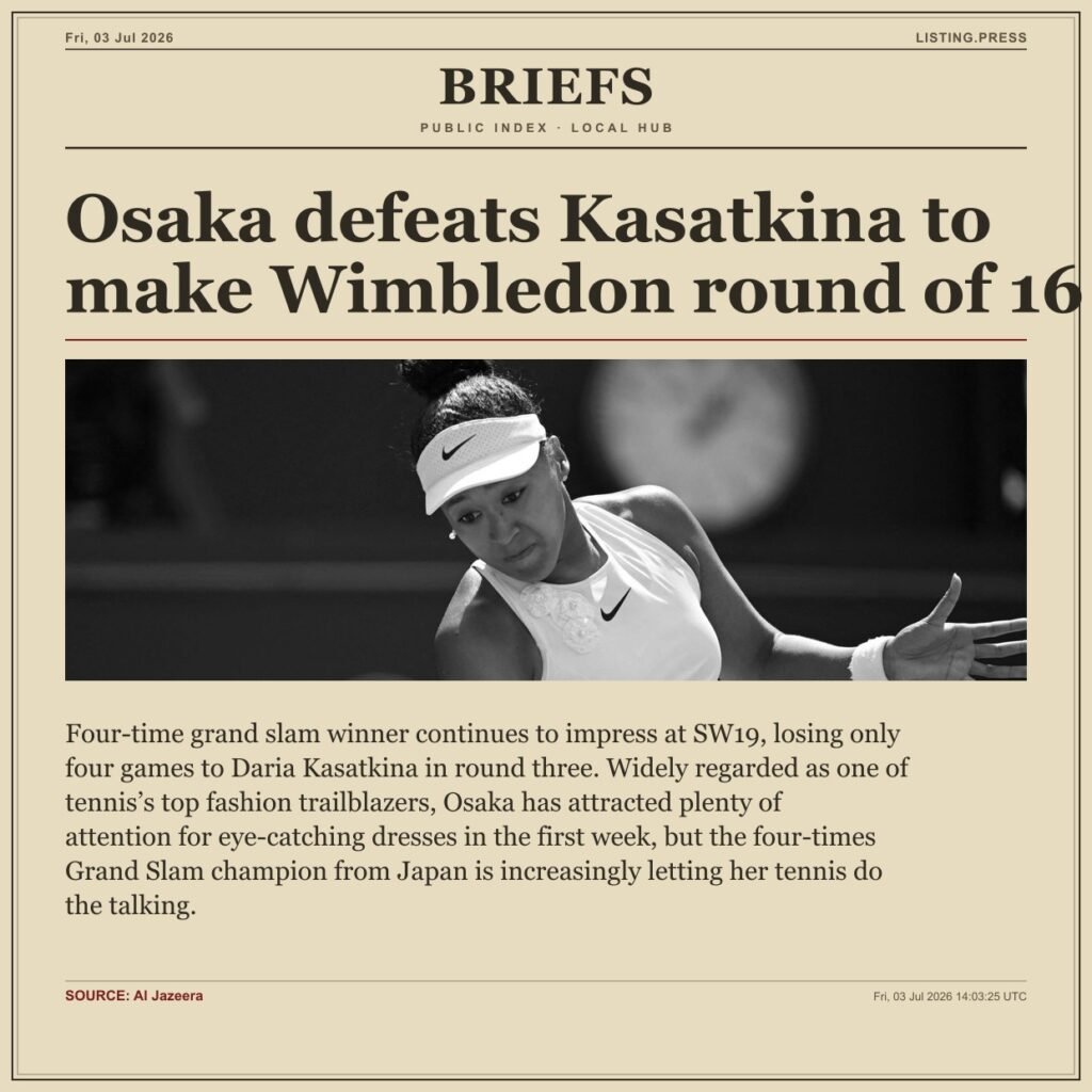 Osaka defeats Kasatkina to make Wimbledon round of 16
