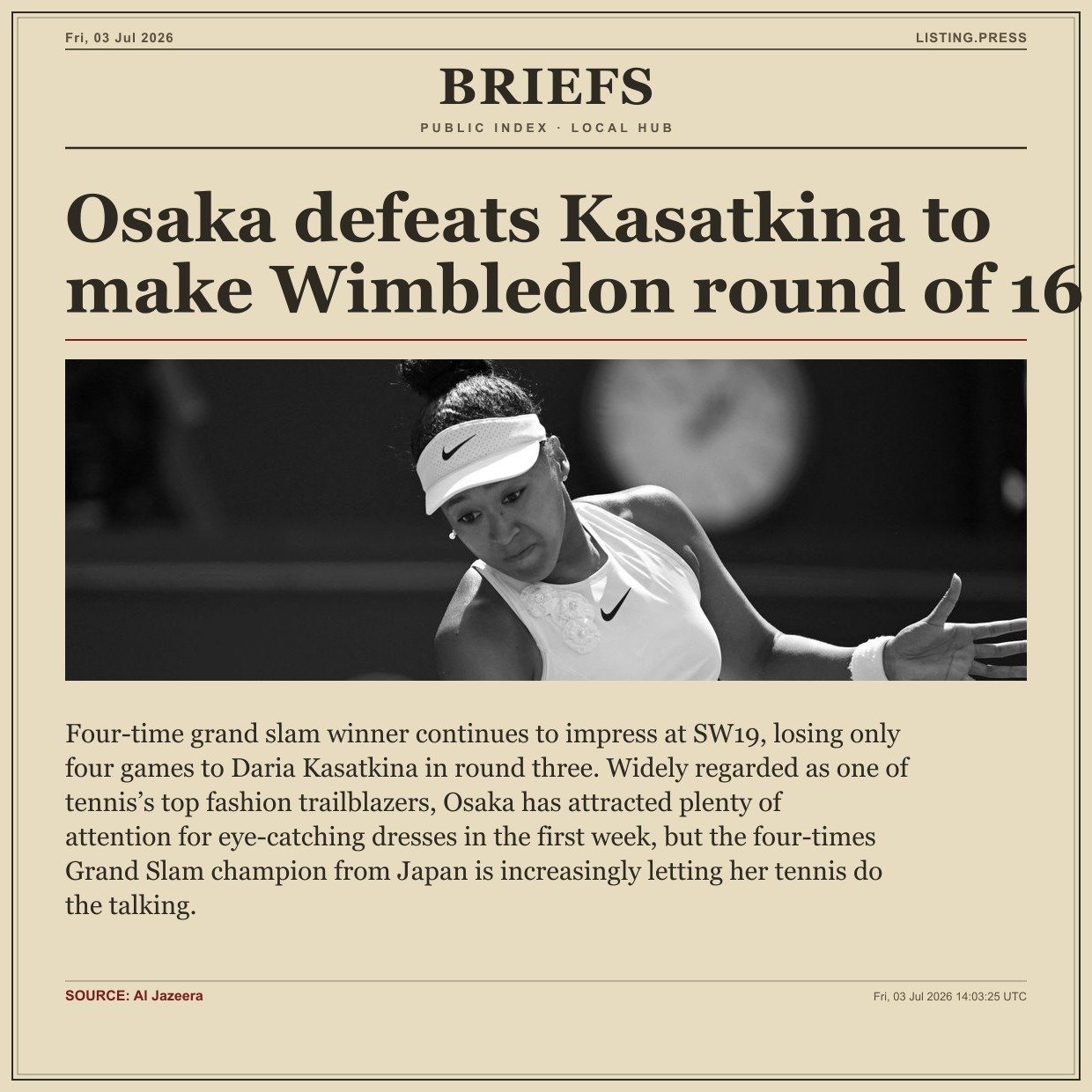 Osaka defeats Kasatkina to make Wimbledon round of 16