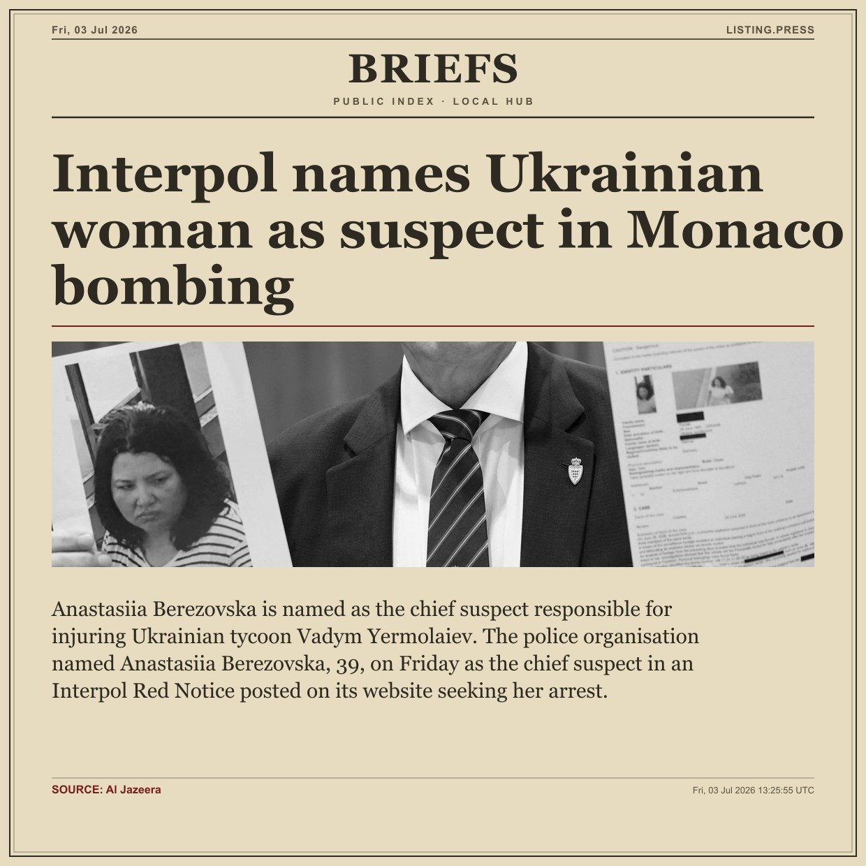 Interpol names Ukrainian woman as suspect in Monaco bombing