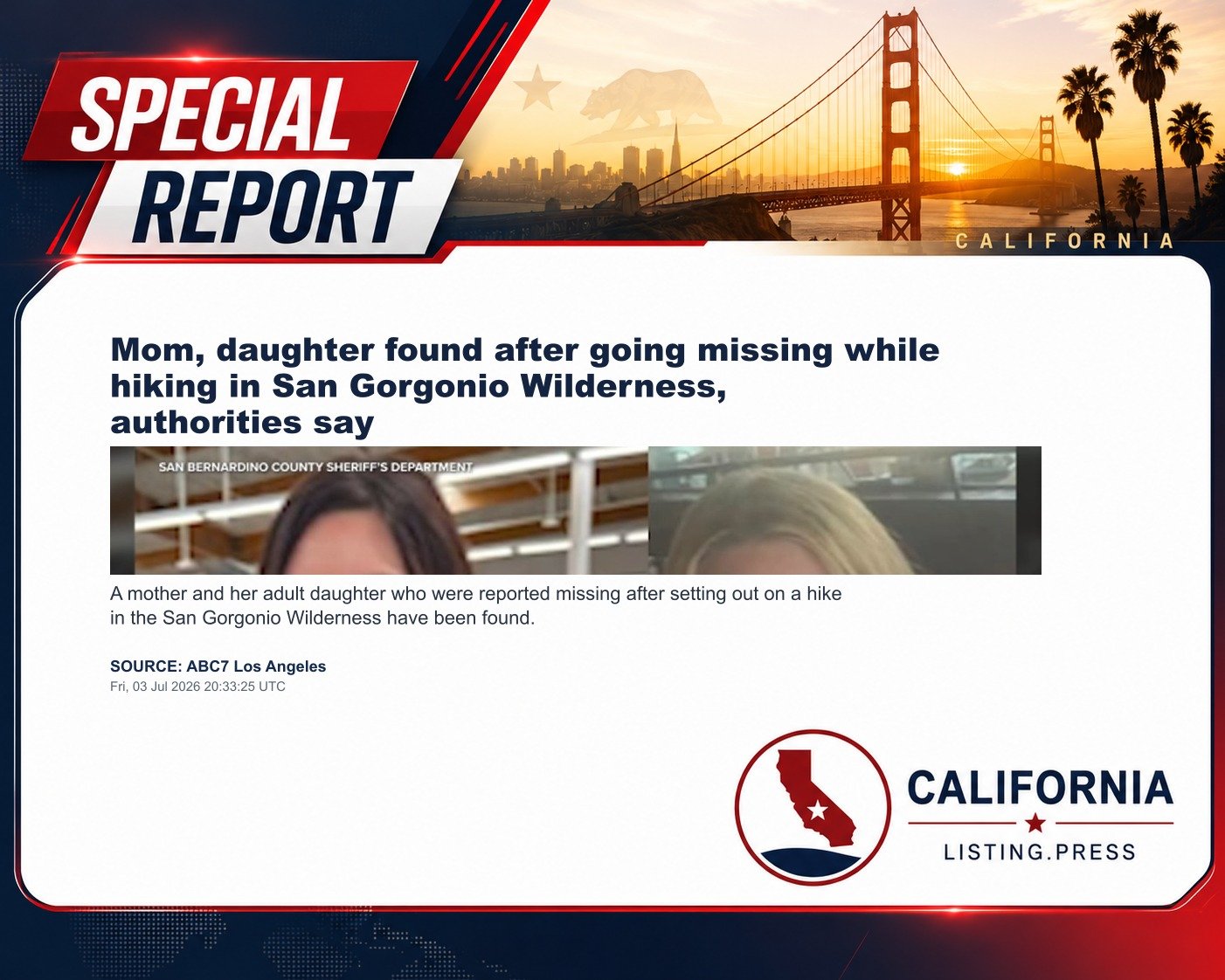 Mom, daughter found after going missing while hiking in San Gorgonio Wilderness, authorities say