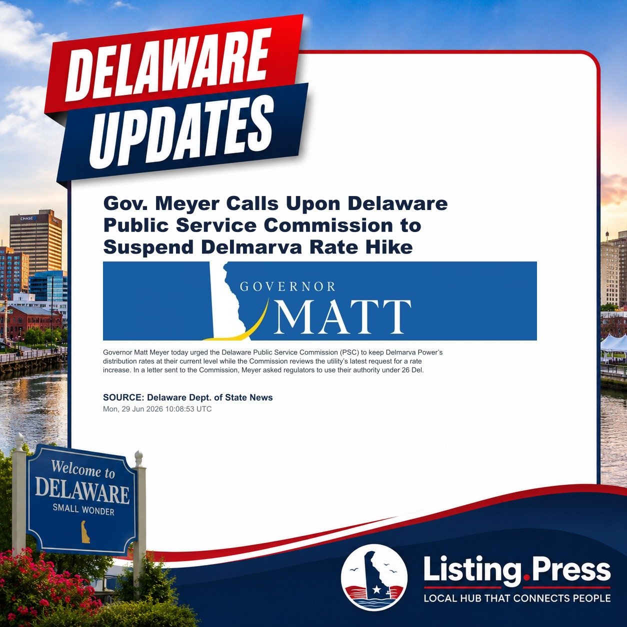 Gov. Meyer Calls Upon Delaware Public Service Commission to Suspend Delmarva Rate Hike
