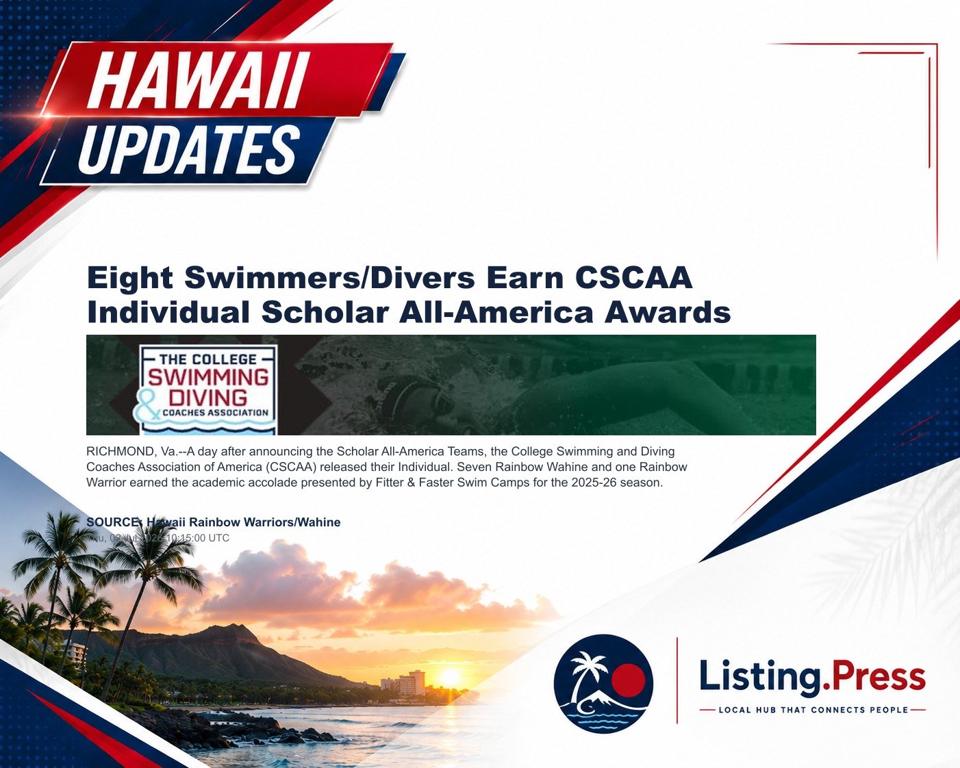 Eight Swimmers/Divers Earn CSCAA Individual Scholar All-America Awards