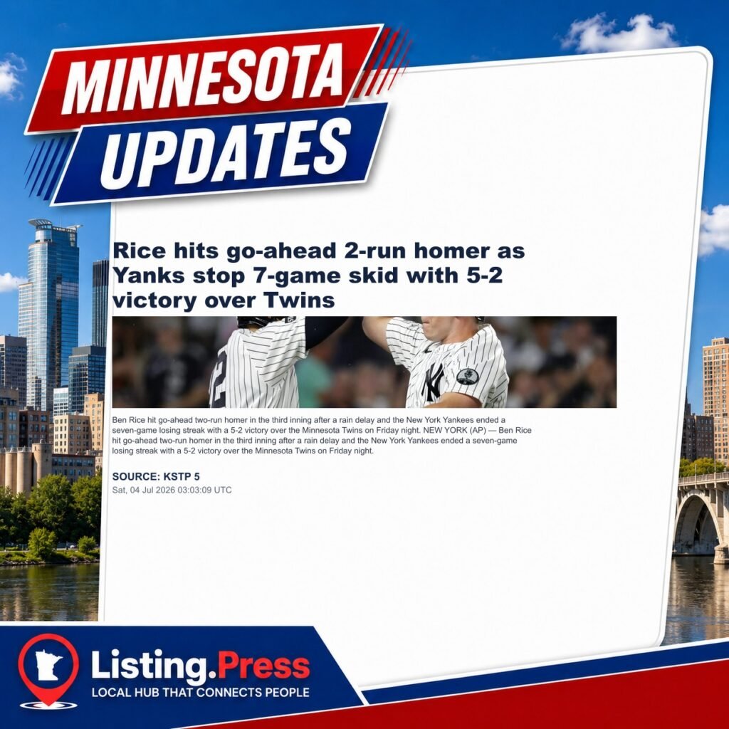 Rice hits go-ahead 2-run homer as Yanks stop 7-game skid with 5-2 victory over Twins