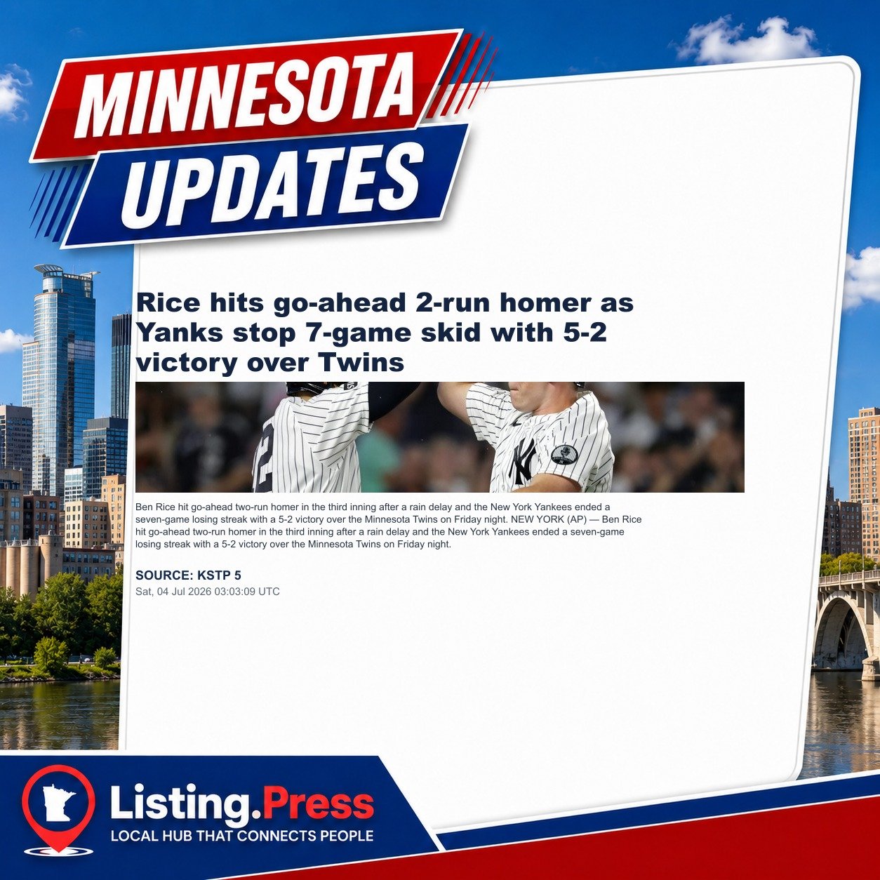 Rice hits go-ahead 2-run homer as Yanks stop 7-game skid with 5-2 victory over Twins
