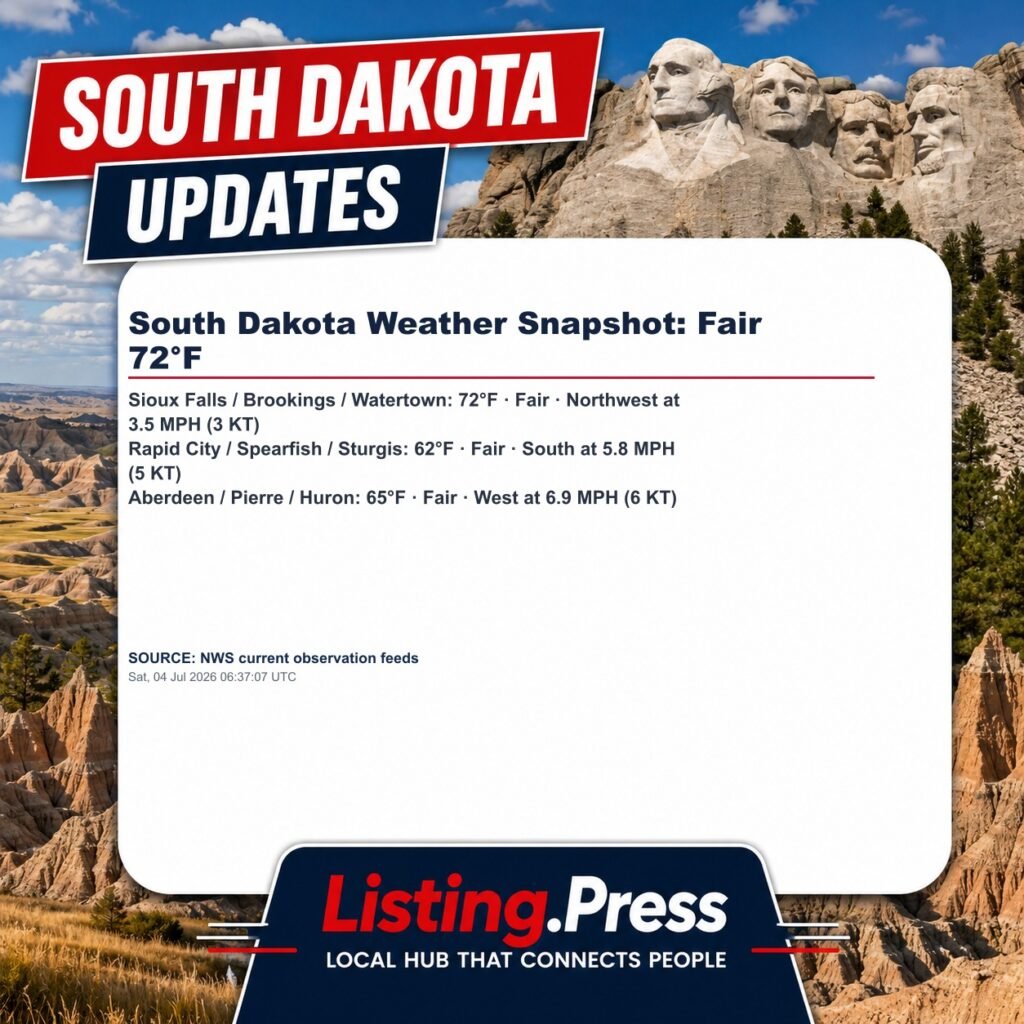 South Dakota Weather Snapshot: Fair 72°F
