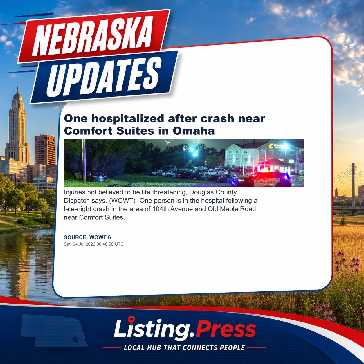 One hospitalized after crash near Comfort Suites in Omaha