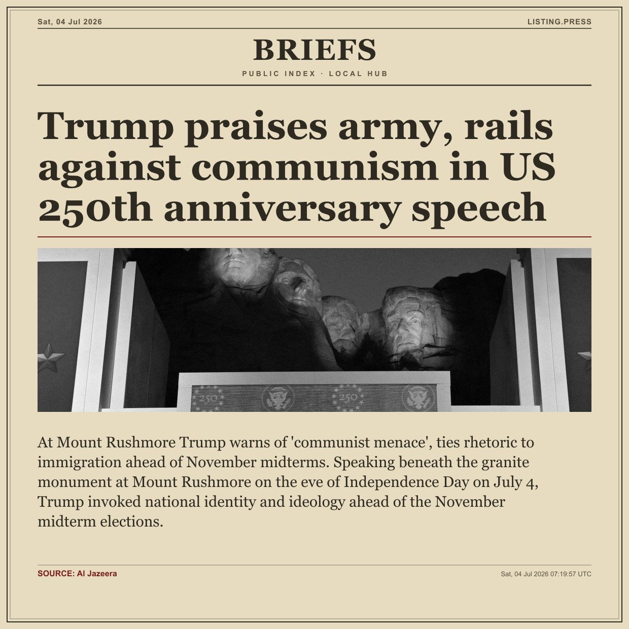 Trump praises army, rails against communism in US 250th anniversary speech