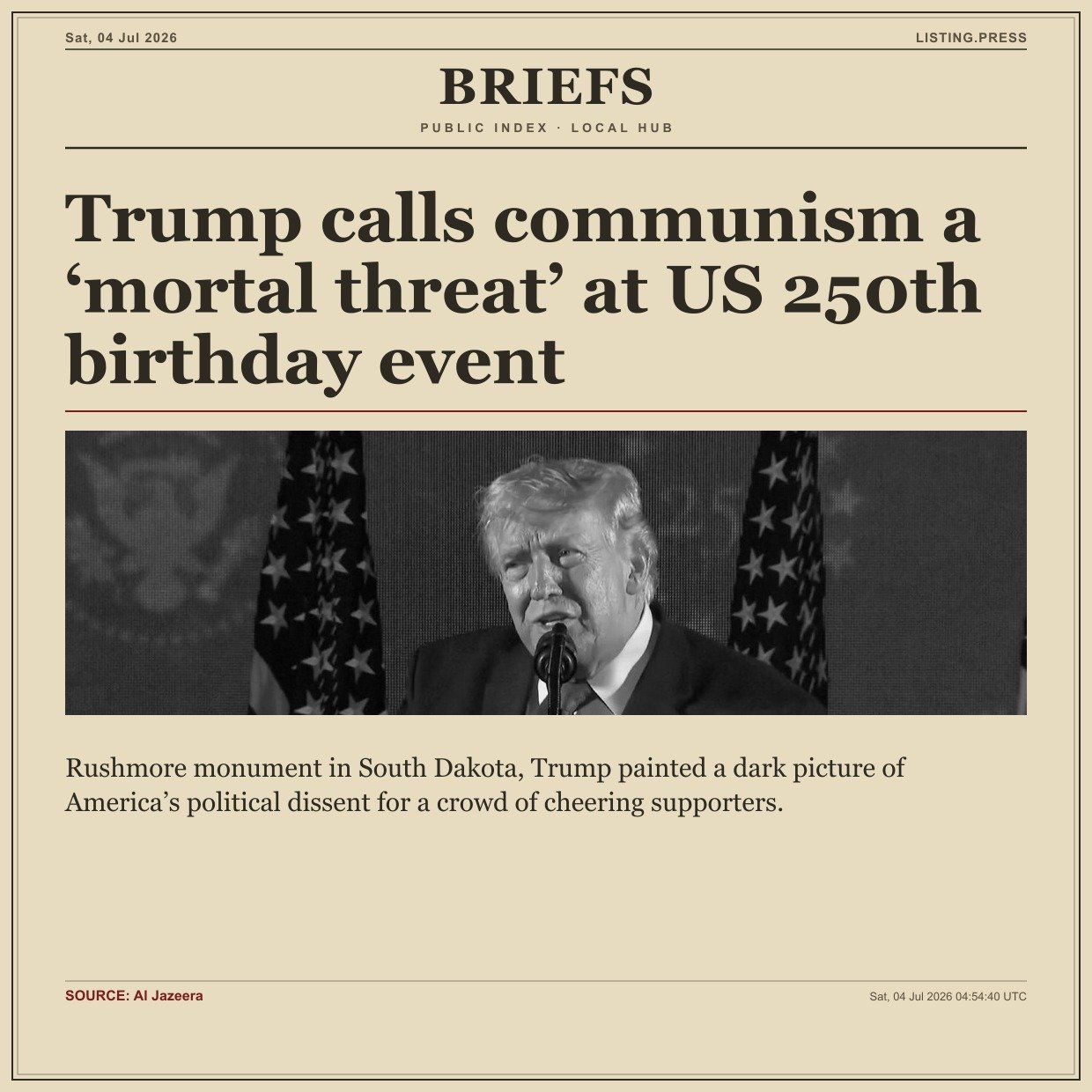 Trump calls communism a ‘mortal threat’ at US 250th birthday event