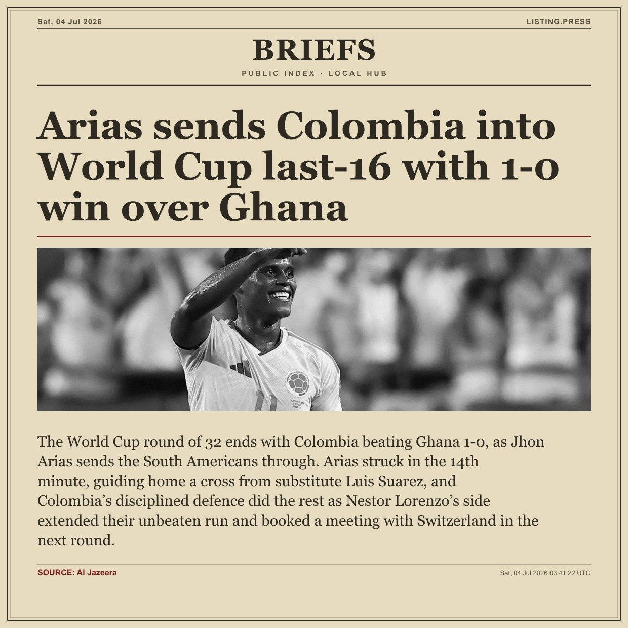 Arias sends Colombia into World Cup last-16 with 1-0 win over Ghana