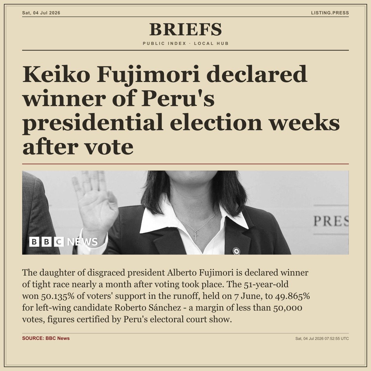 Keiko Fujimori declared winner of Peru's presidential election weeks after vote