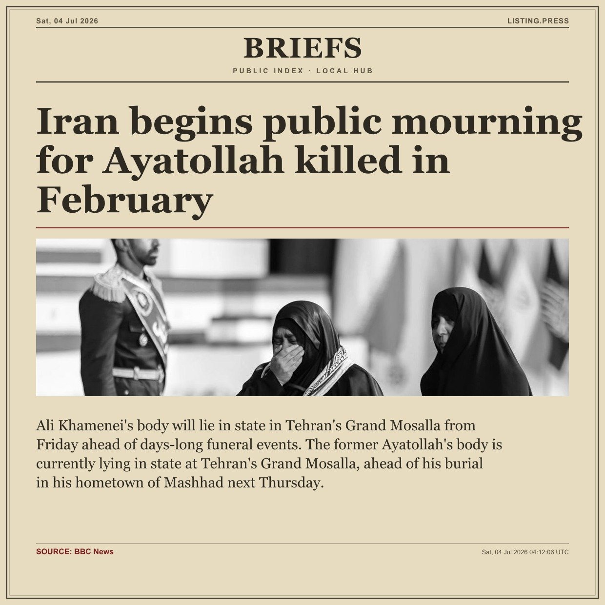 Iran begins public mourning for Ayatollah killed in February