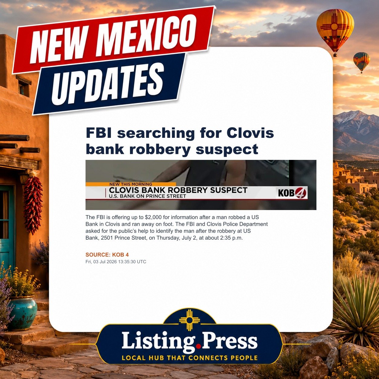 FBI searching for Clovis bank robbery suspect