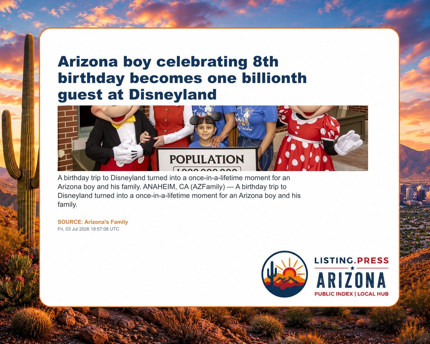 Arizona boy celebrating 8th birthday becomes one billionth guest at Disneyland