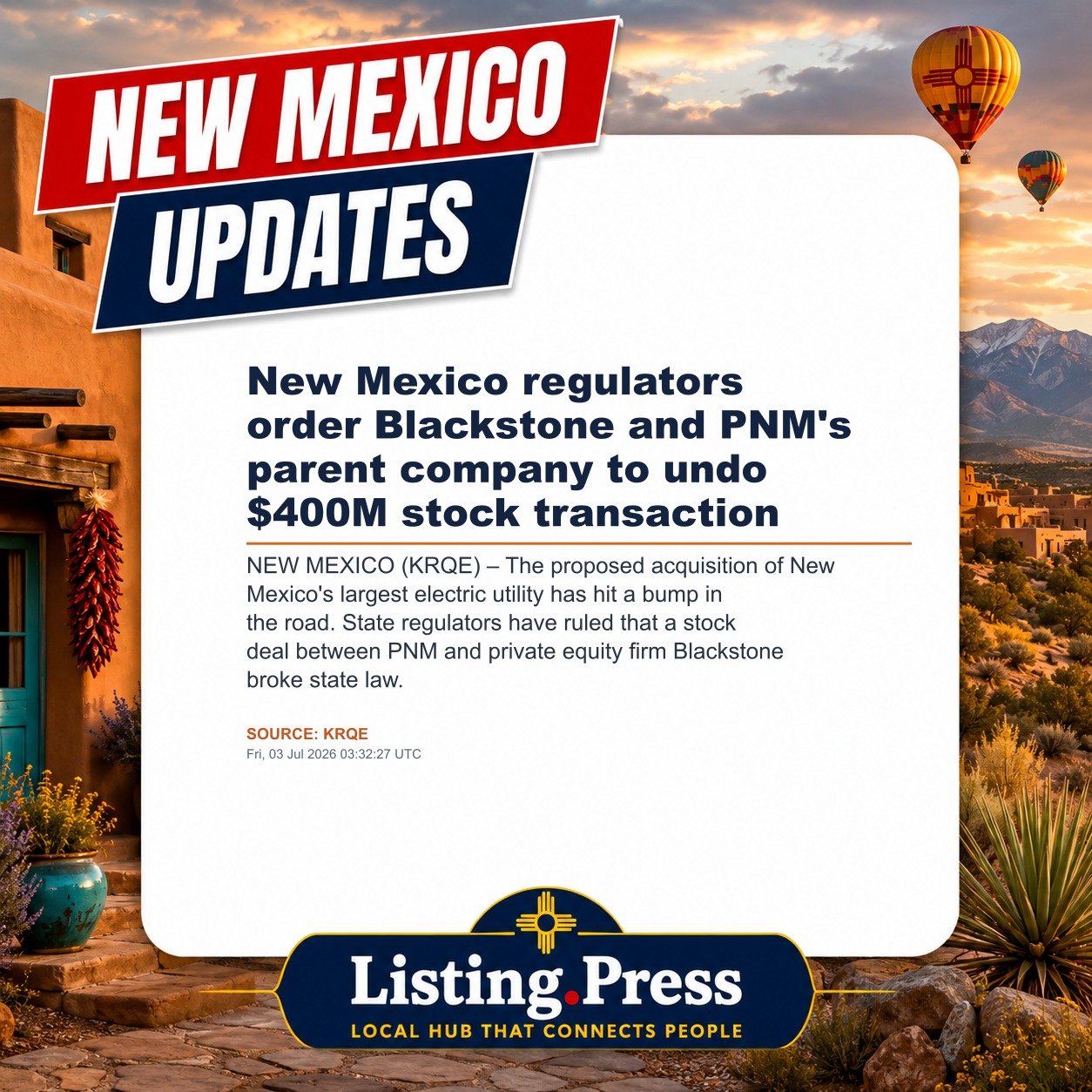 New Mexico regulators order Blackstone and PNM's parent company to undo $400M stock transaction