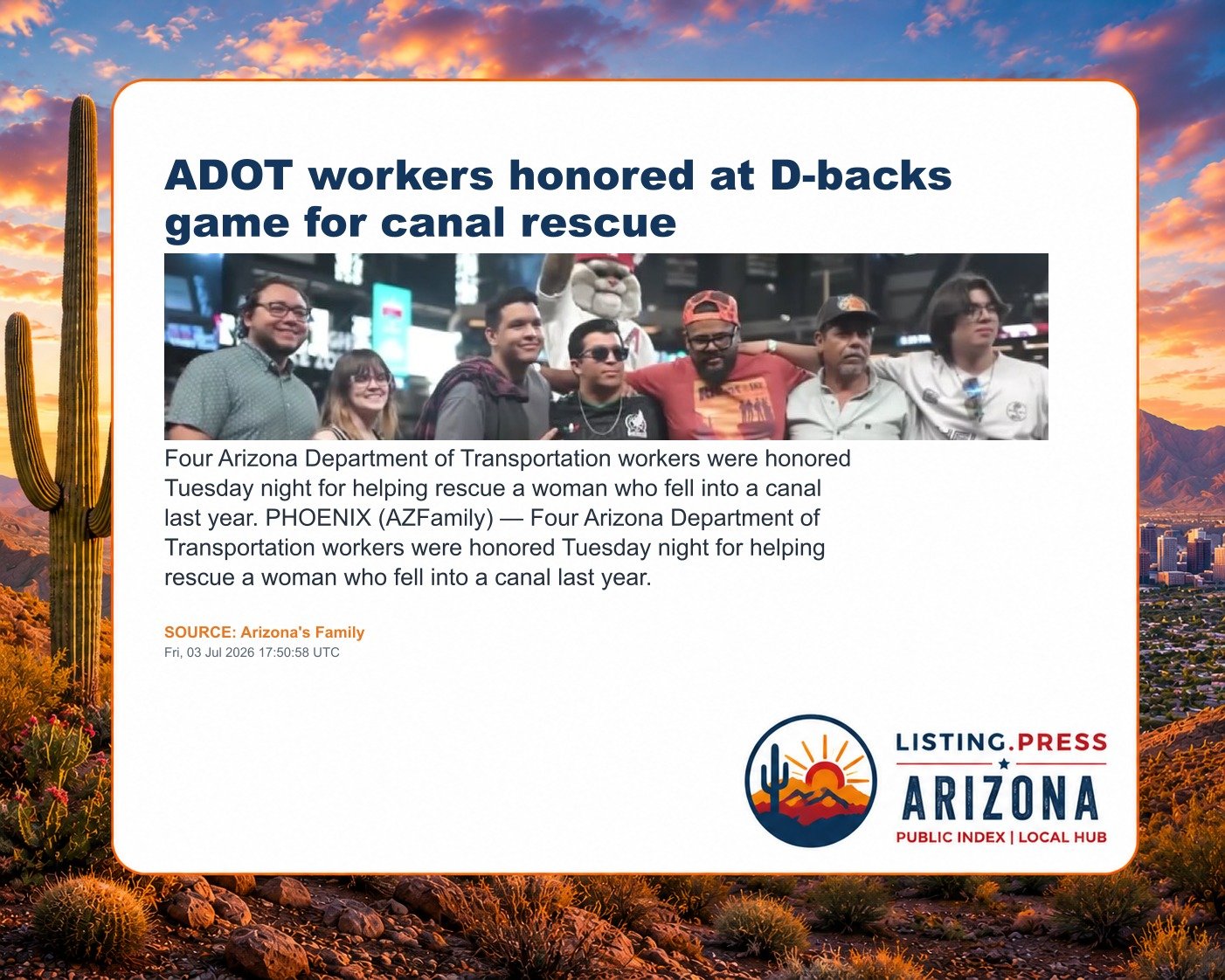 ADOT workers honored at D-backs game for canal rescue