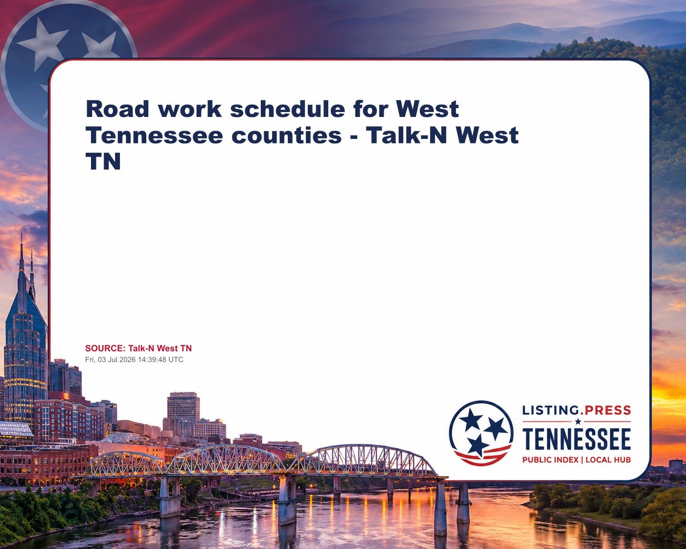 Road work schedule for West Tennessee counties - Talk-N West TN
