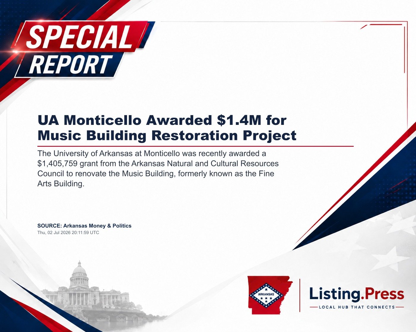 UA Monticello Awarded $1.4M for Music Building Restoration Project