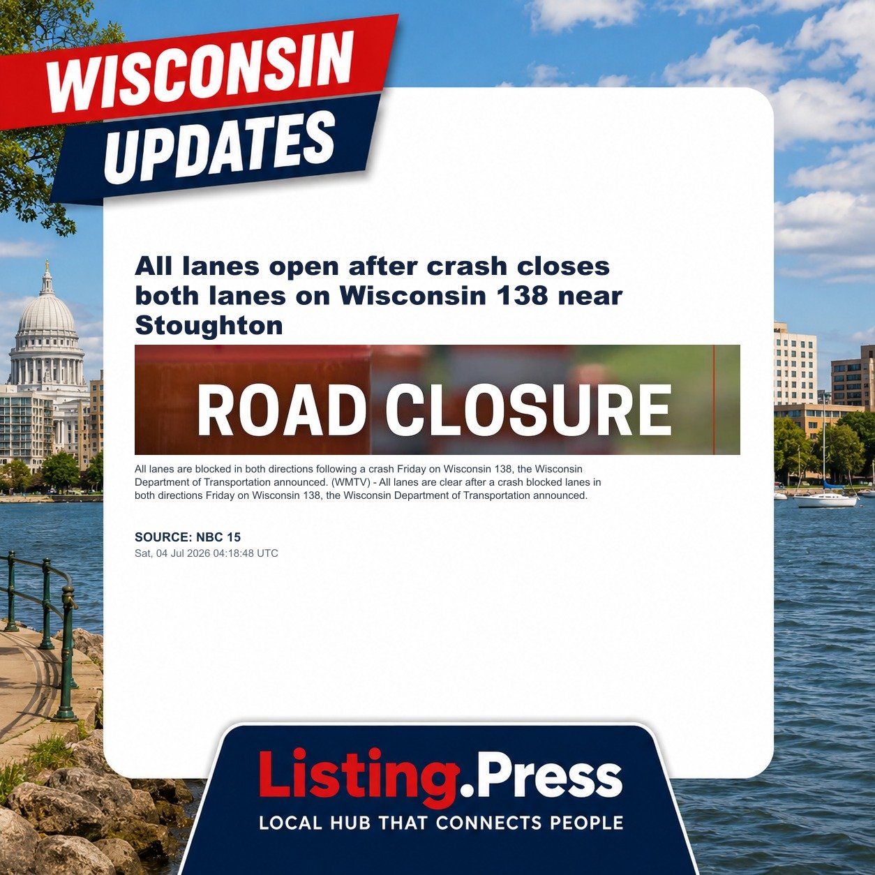 All lanes open after crash closes both lanes on Wisconsin 138 near Stoughton
