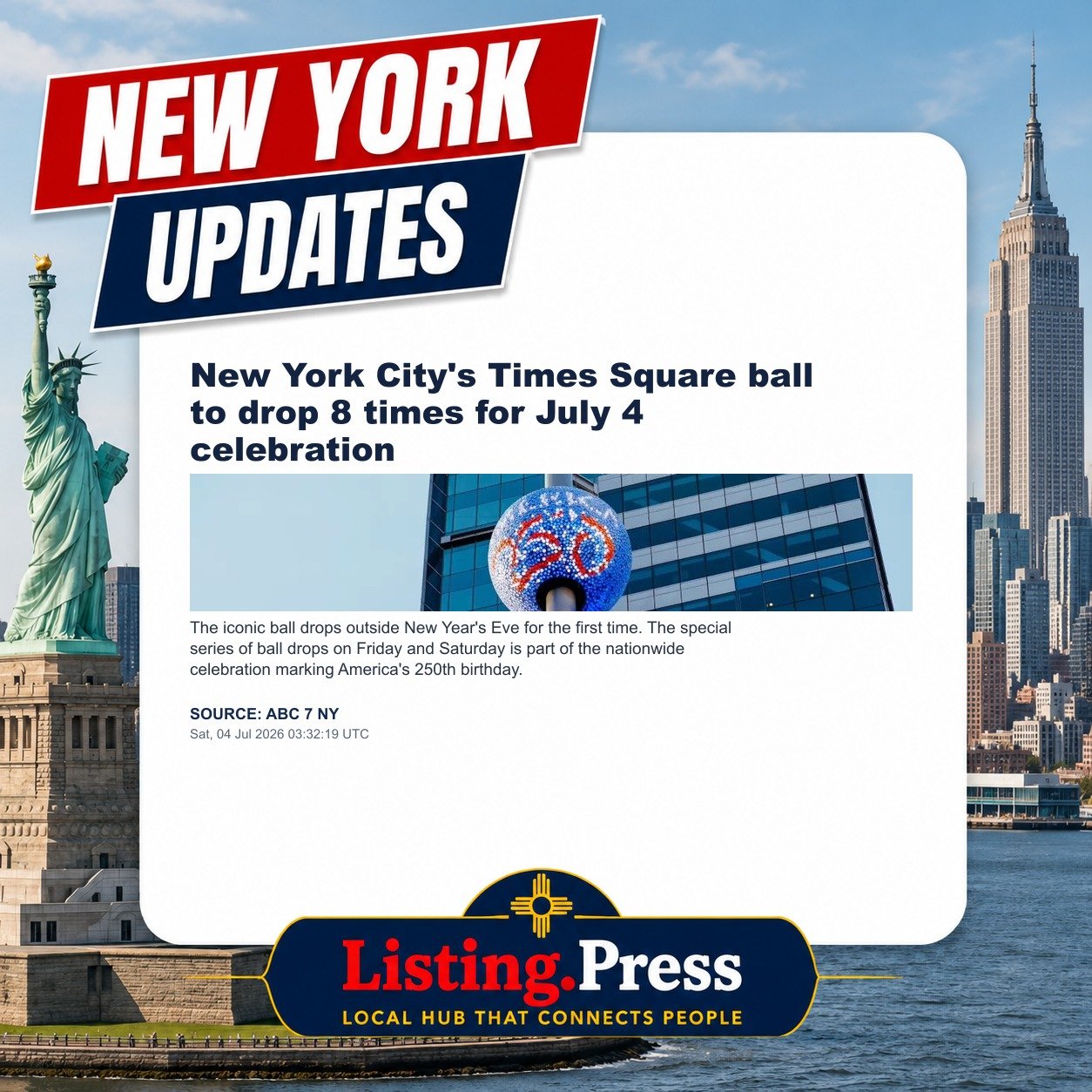 New York City's Times Square ball to drop 8 times for July 4 celebration