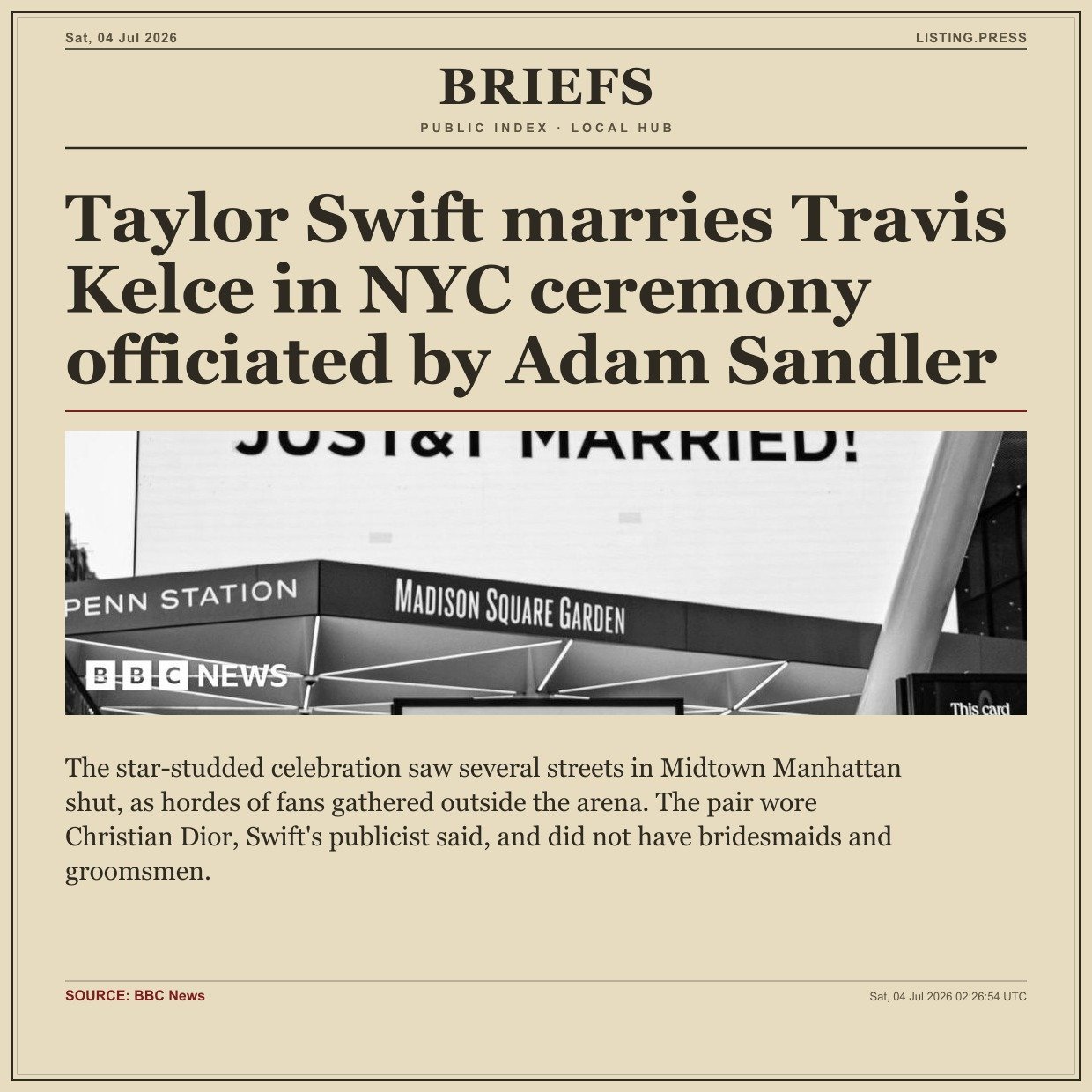 Taylor Swift marries Travis Kelce in NYC ceremony officiated by Adam Sandler