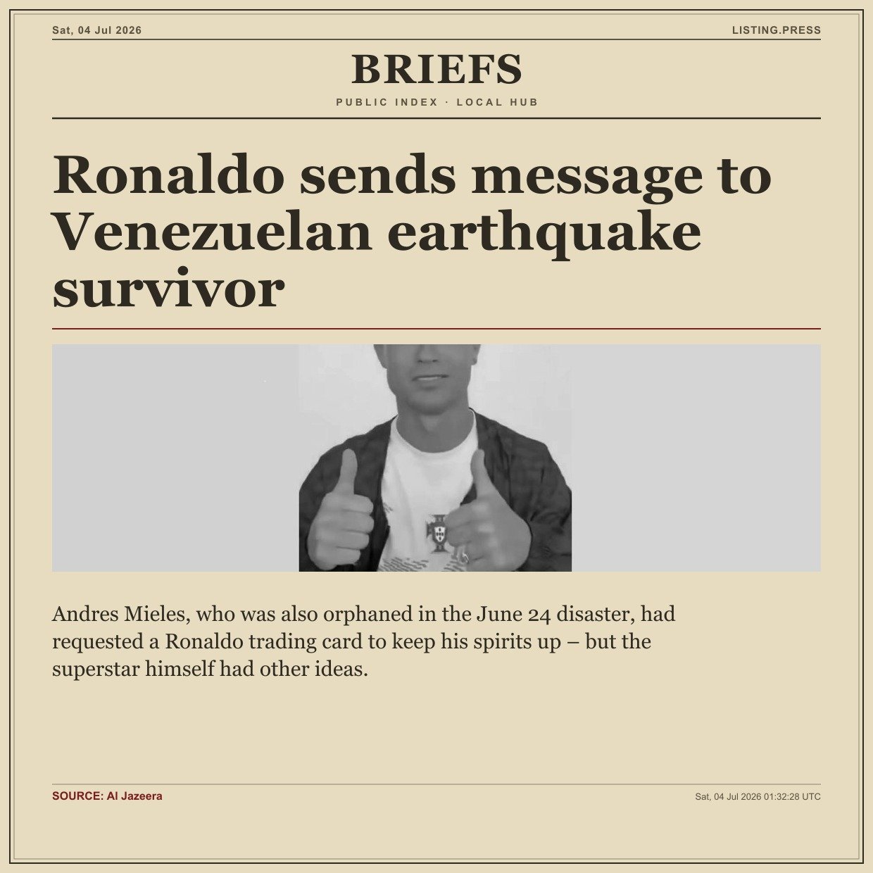 Ronaldo sends message to Venezuelan earthquake survivor