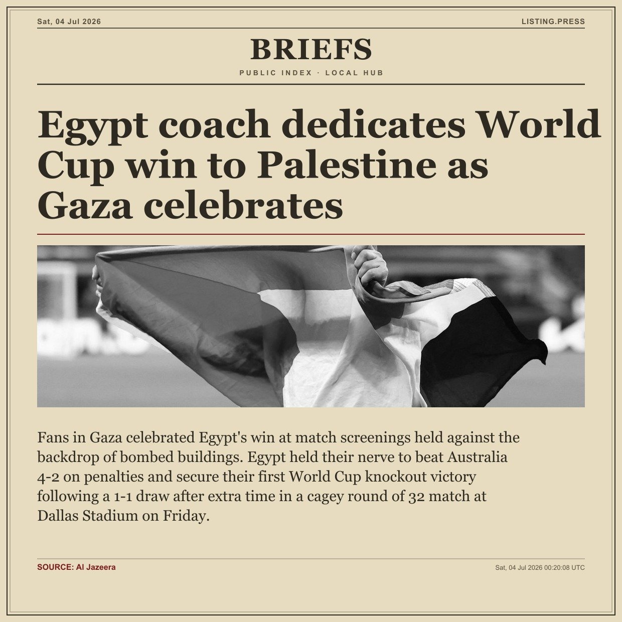 Egypt coach dedicates World Cup win to Palestine as Gaza celebrates