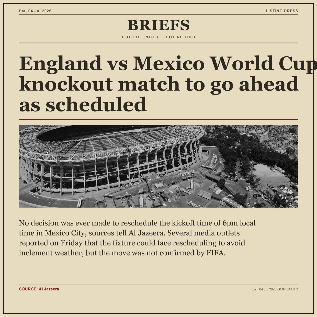 England vs Mexico World Cup knockout match to go ahead as scheduled