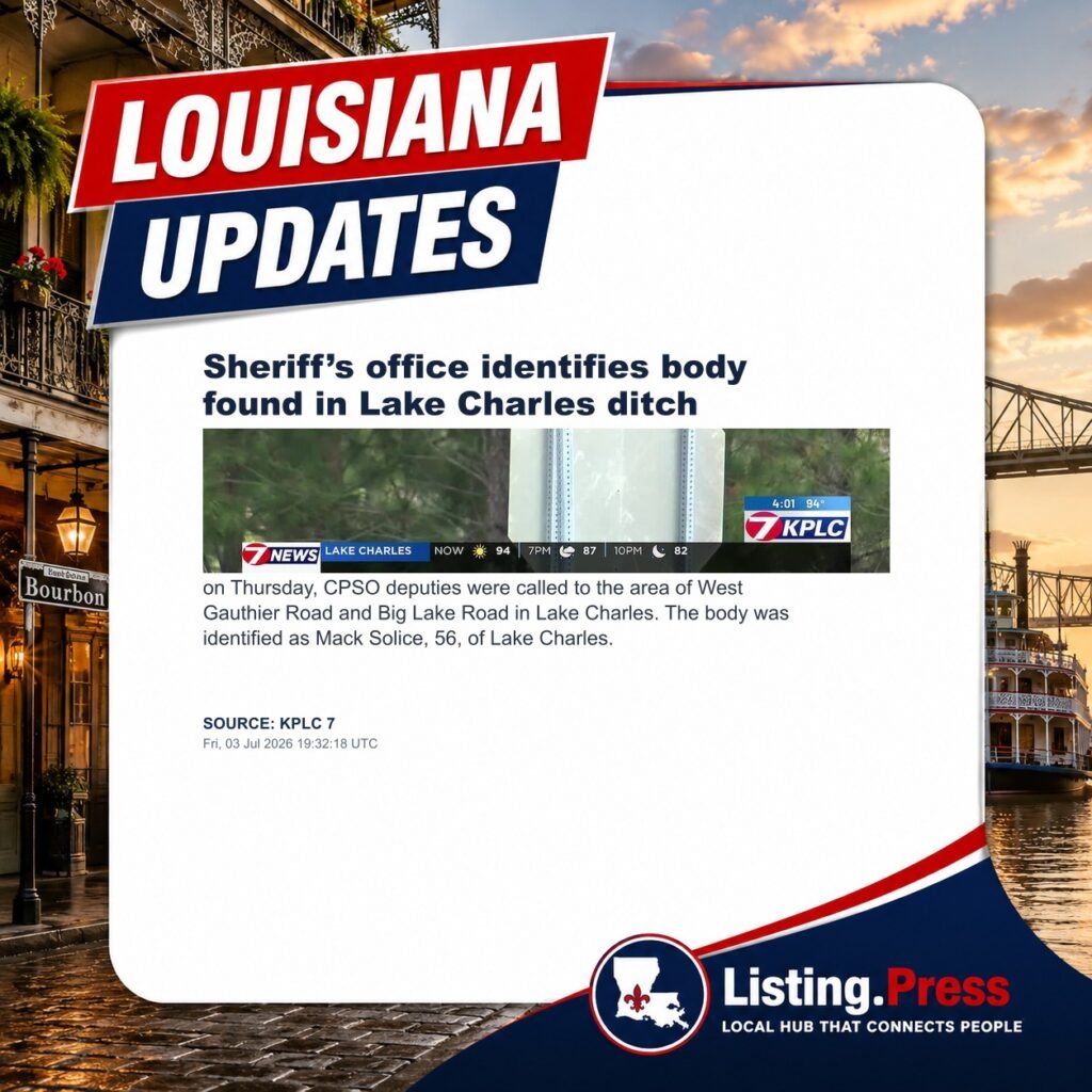 Sheriff’s office identifies body found in Lake Charles ditch