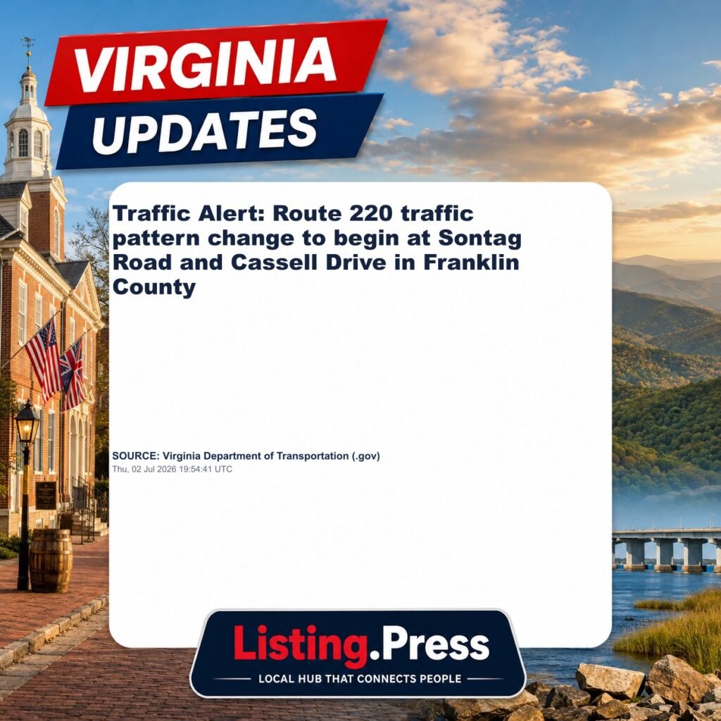 Traffic Alert: Route 220 traffic pattern change to begin at Sontag Road and Cassell Drive in Franklin County