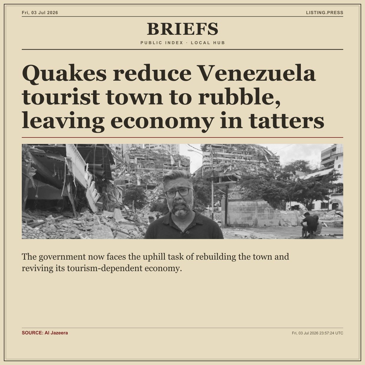 Quakes reduce Venezuela tourist town to rubble, leaving economy in tatters