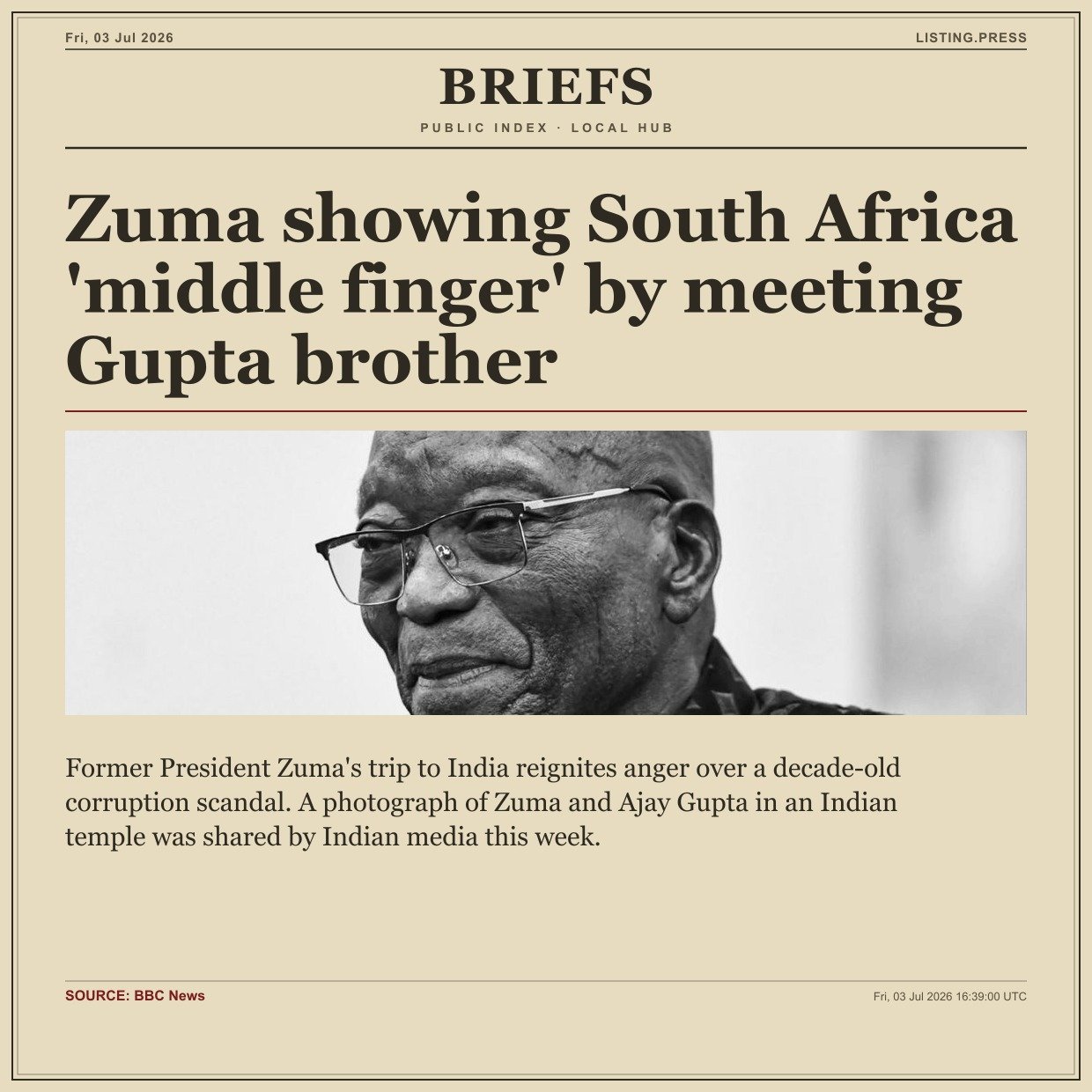 Zuma showing South Africa 'middle finger' by meeting Gupta brother