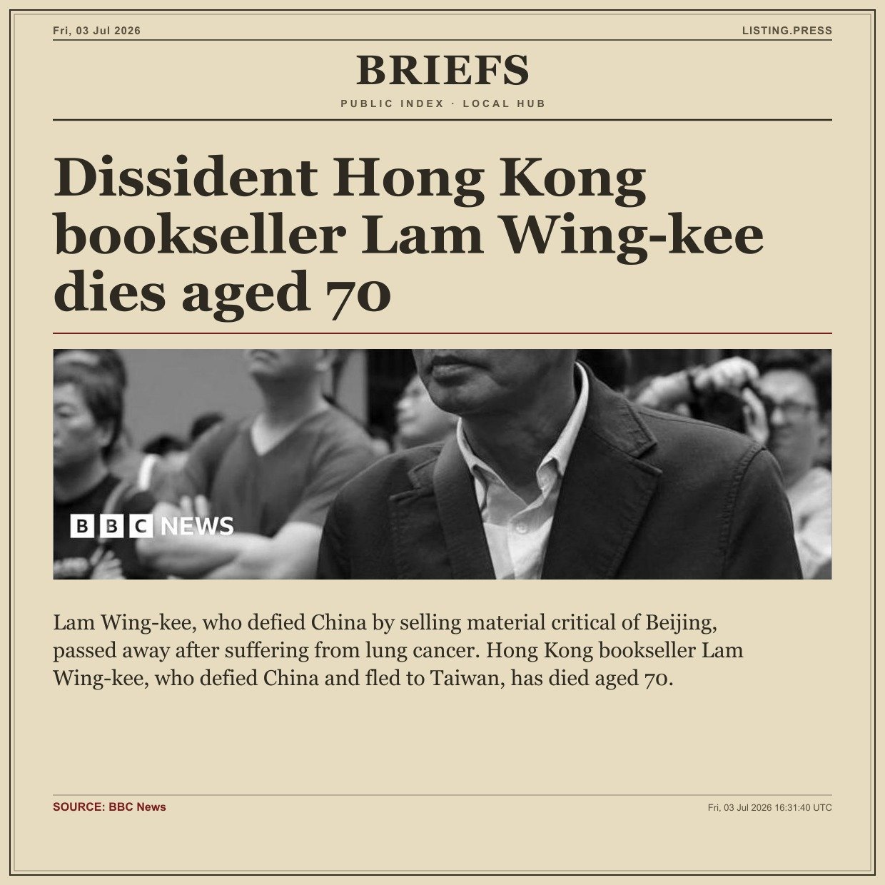 Dissident Hong Kong bookseller Lam Wing-kee dies aged 70