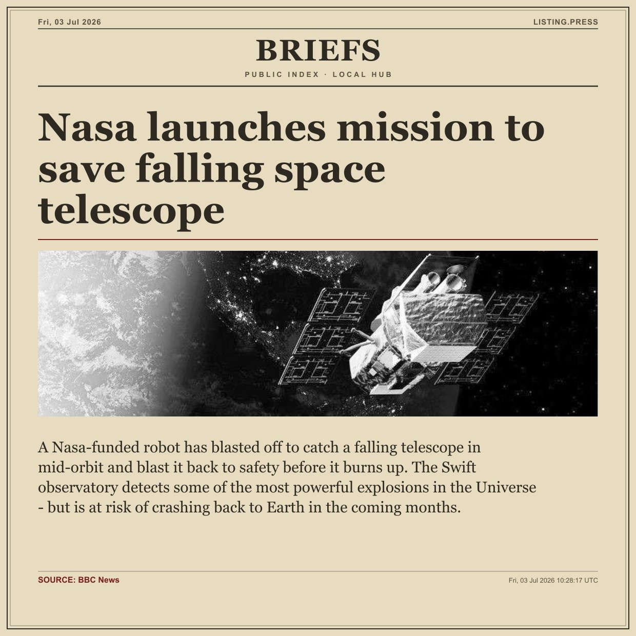 Nasa launches mission to save falling space telescope