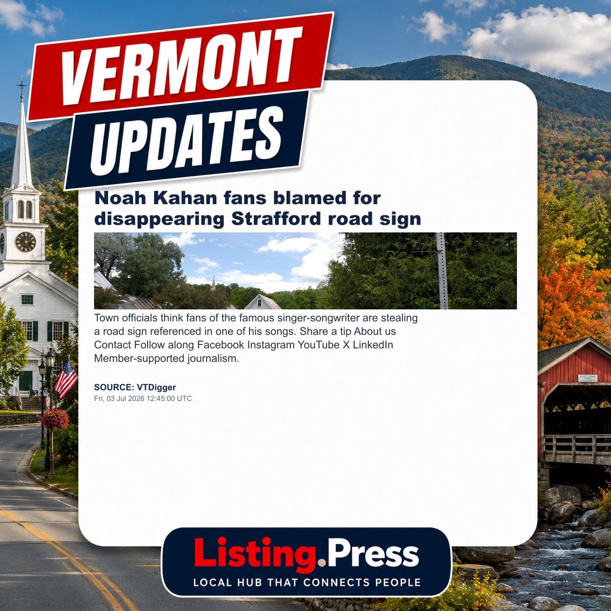 Noah Kahan fans blamed for disappearing Strafford road sign