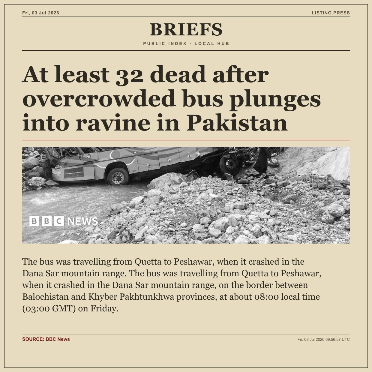 At least 32 dead after overcrowded bus plunges into ravine in Pakistan