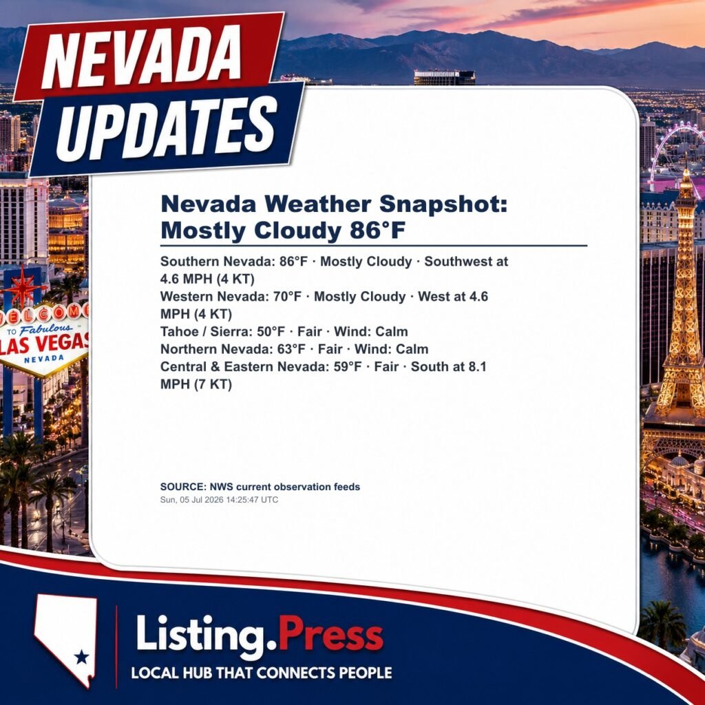 Nevada Weather Snapshot: Mostly Cloudy 86°F