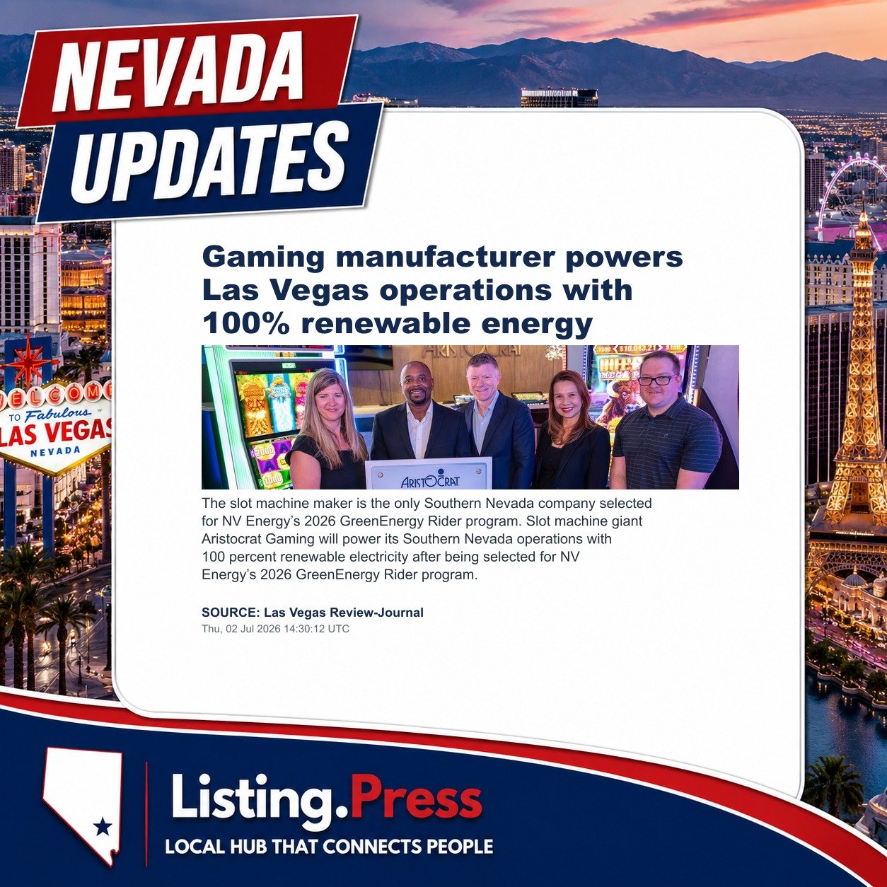 Gaming manufacturer powers Las Vegas operations with 100% renewable energy