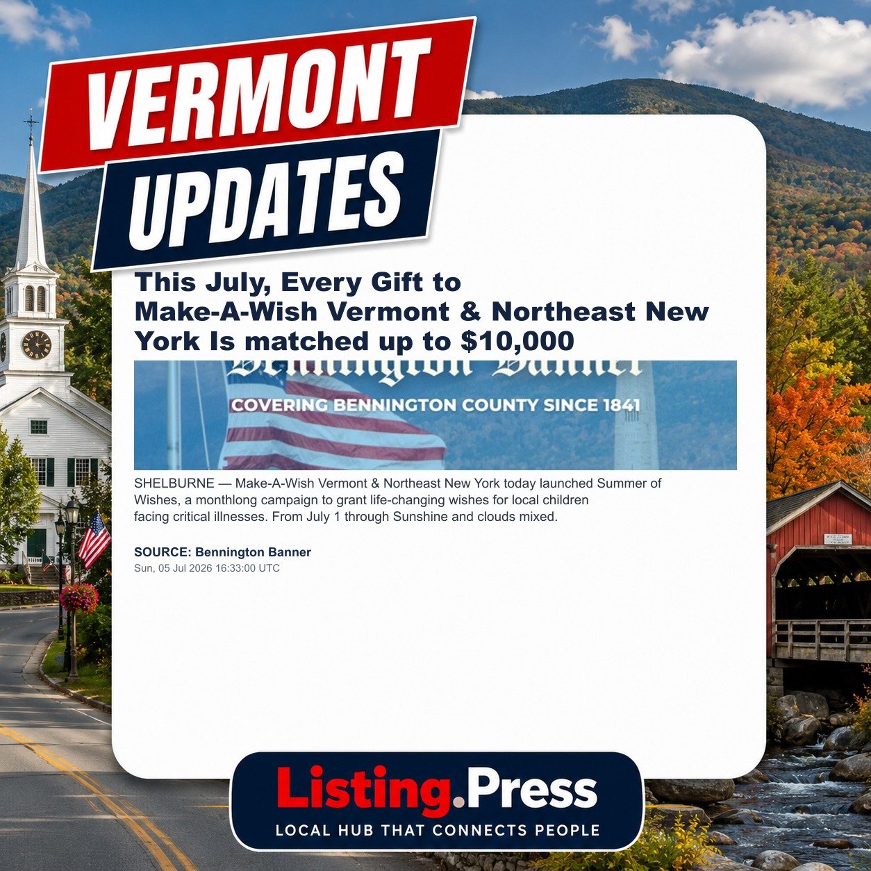 This July, Every Gift to Make-A-Wish Vermont & Northeast New York Is matched up to $10,000