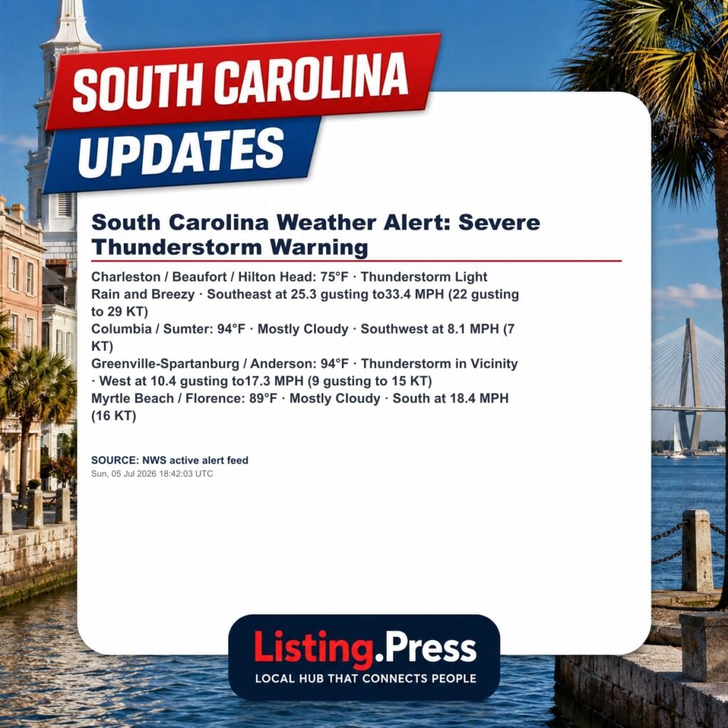 South Carolina Weather Alert: Severe Thunderstorm Warning