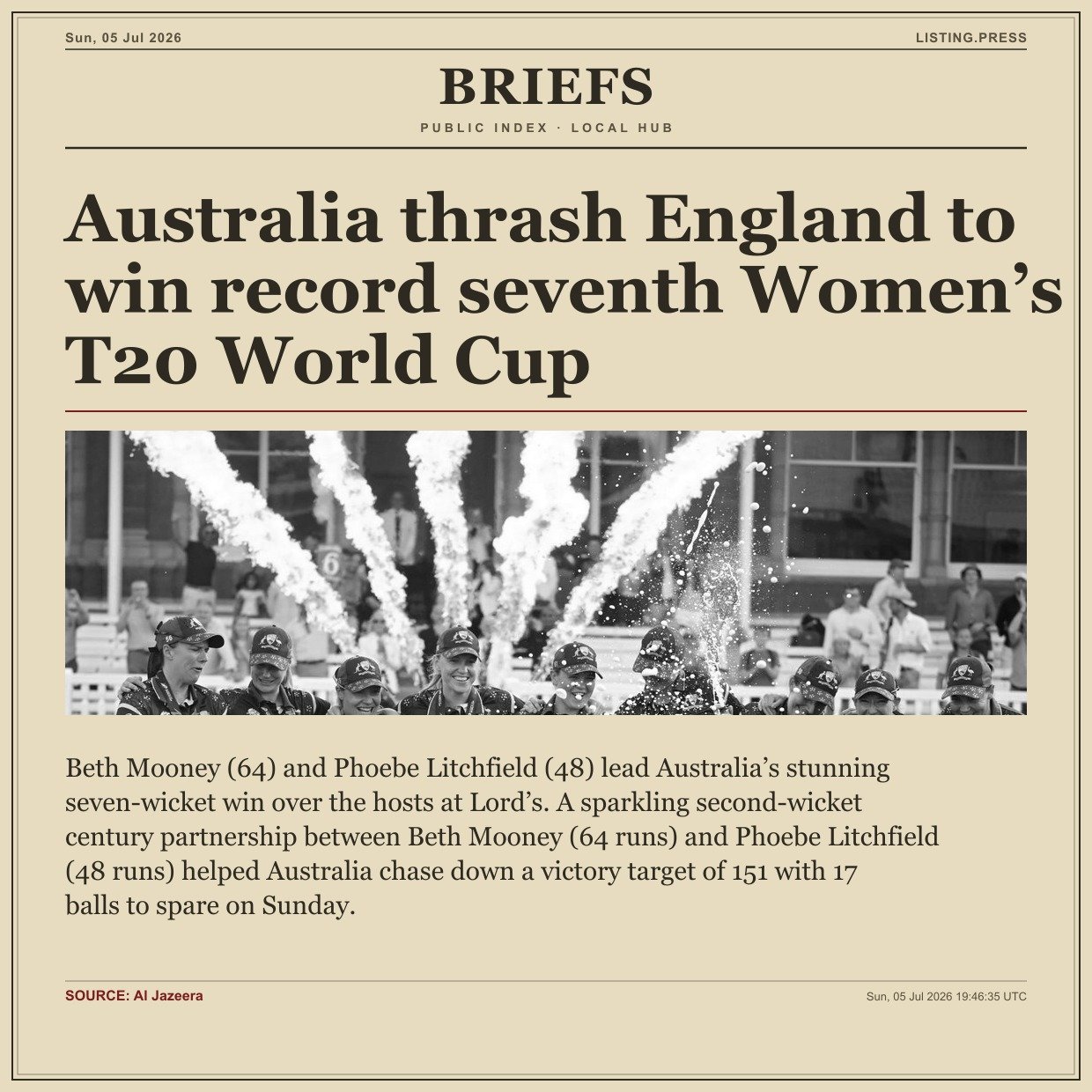 Australia thrash England to win record seventh Women’s T20 World Cup