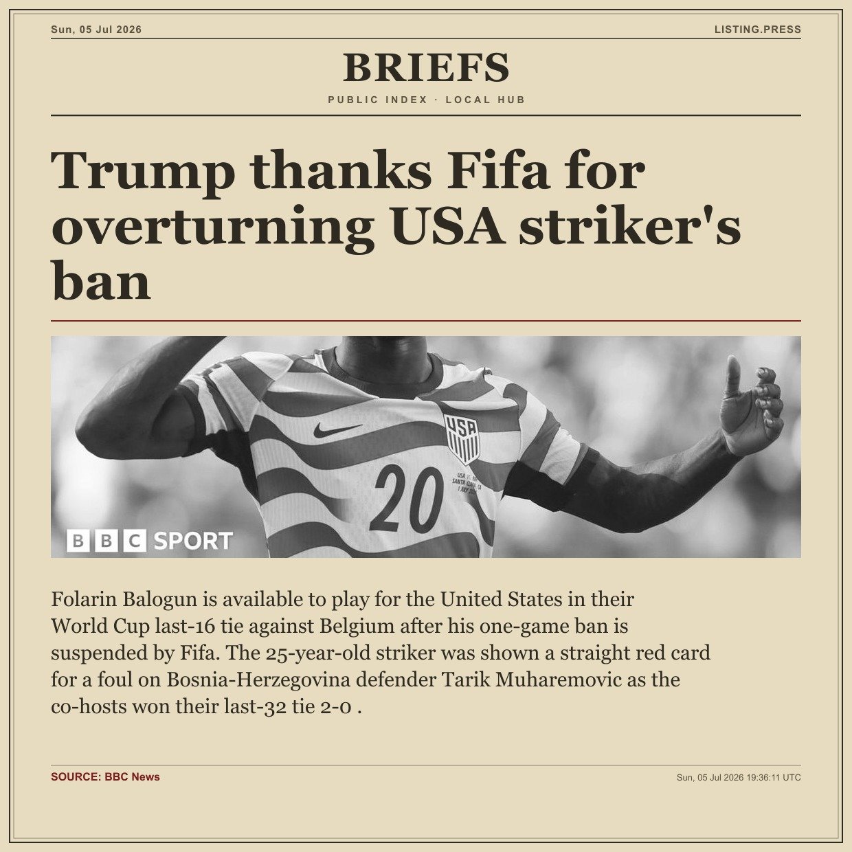 Trump thanks Fifa for overturning USA striker's ban