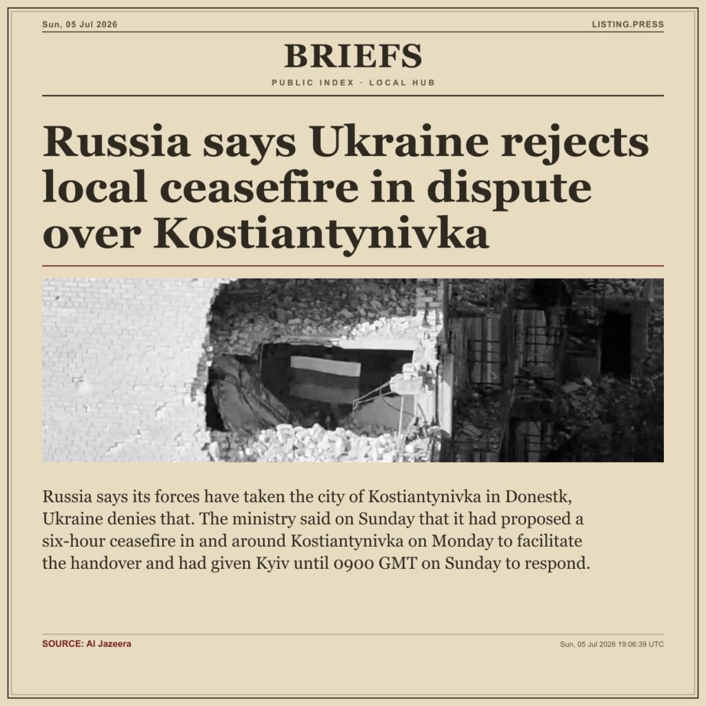 Russia says Ukraine rejects local ceasefire in dispute over Kostiantynivka